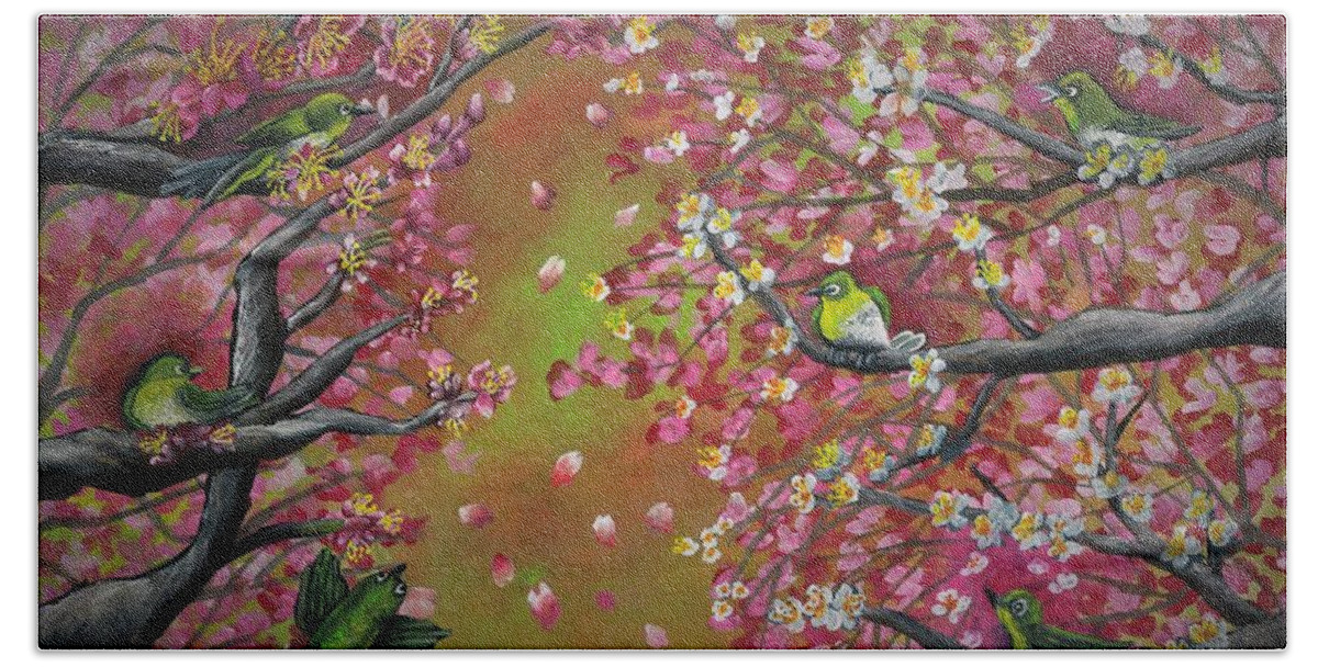 Cherry Blossom Beach Towel featuring the painting Song birds and cherry blossom by Tara Krishna