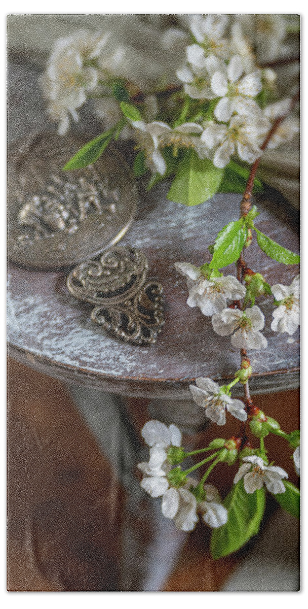 Cherry Blossoms Beach Towel featuring the photograph Cherry Blossoms with Antique mirror by Lisa Bryant