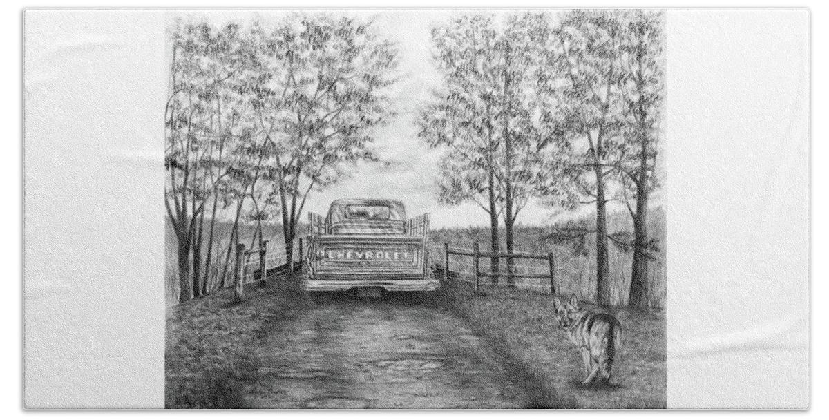 Chevrolet Beach Towel featuring the drawing Chevy and a German Shepherd by Lena Auxier
