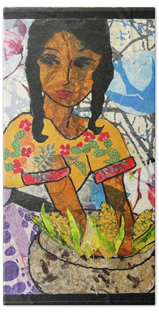 Mexican Girl Beach Towel featuring the painting Chica con Maiz by Elaine Elliott