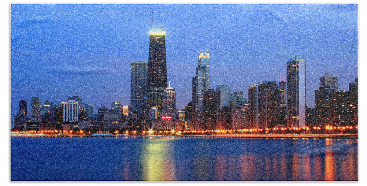 Architecture Beach Towel featuring the photograph Chicago Dusk Skyline Blue by Patrick Malon