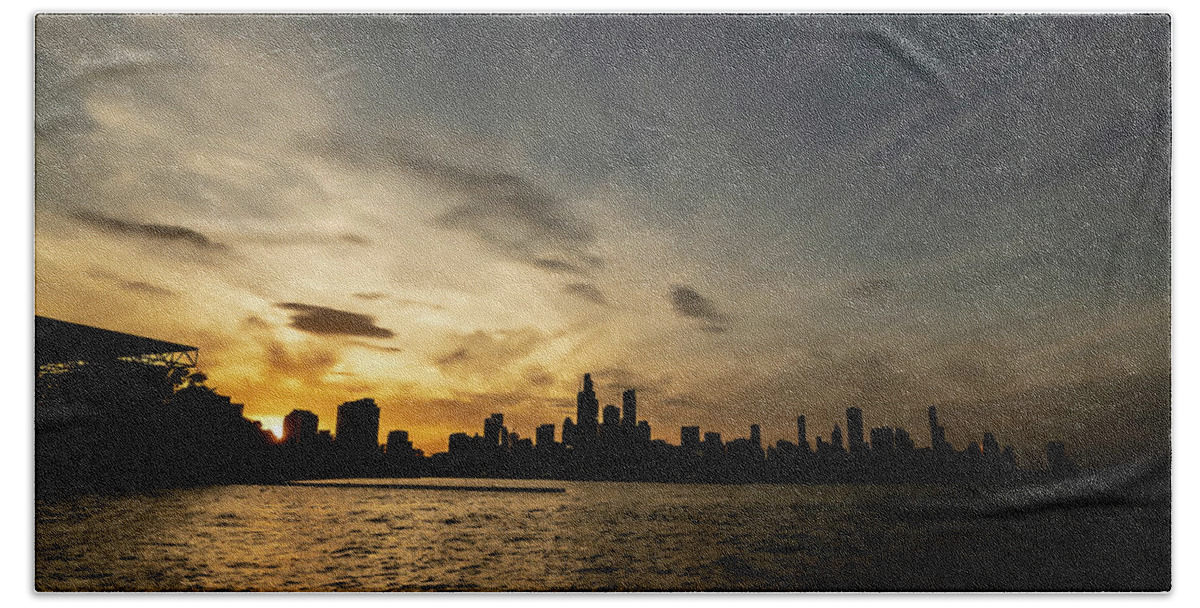 Burham Harbor Beach Towel featuring the photograph Chicago skyline silhouette by Sven Brogren