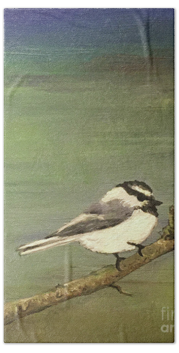 Mountain Chickadee Beach Towel featuring the painting Chickadee dee dee by Shelley Myers