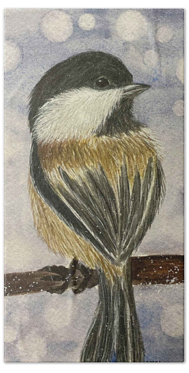 Chickadee Beach Towel featuring the painting Chickadee In Snow by Lisa Neuman