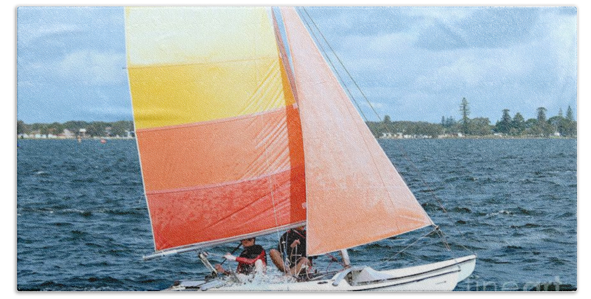 Sunnypicsoz.com Beach Towel featuring the photograph Children Sailing racing boats. by Geoff Childs