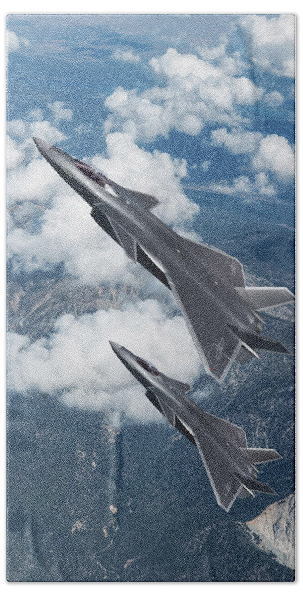 People's Liberation Army Air Force Beach Towel featuring the digital art Chinese J-20 Stealth Fighters by Erik Simonsen