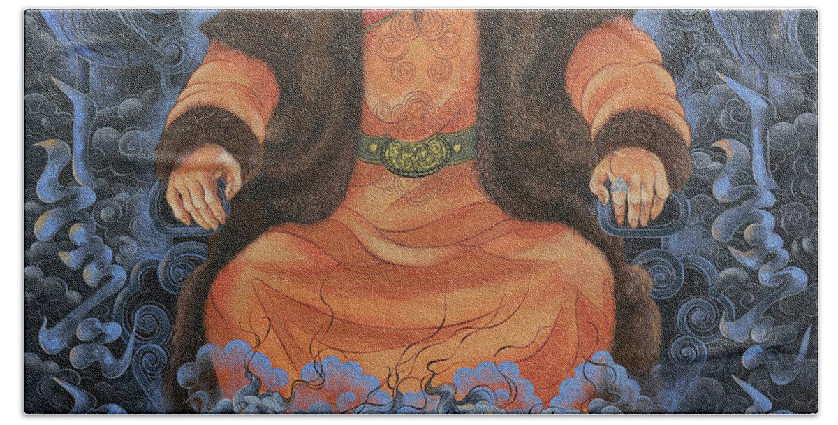 Genggiskhan Beach Towel featuring the painting Chinggis Khaan by Solongo Chuluuntsetseg