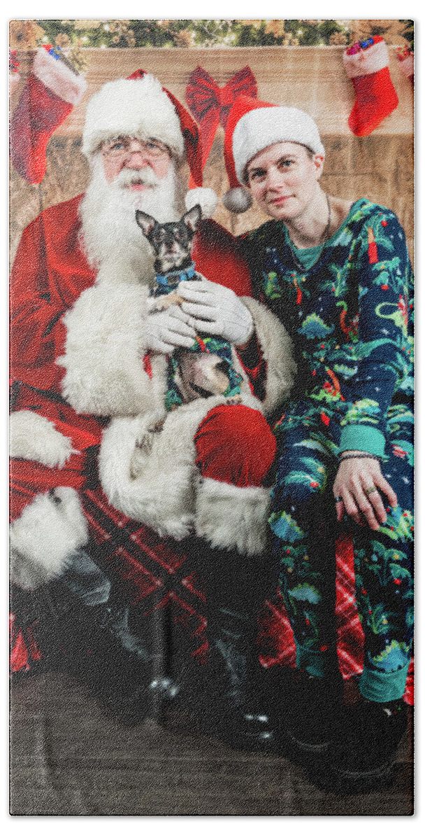Chloe Beach Towel featuring the photograph Chloe with Santa 3 by Christopher Holmes