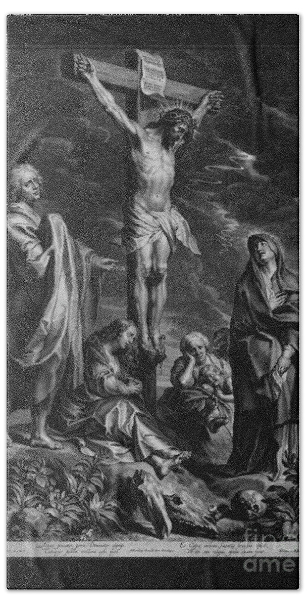 Christ On The Cross Beach Towel featuring the painting Christ on the Cross, with Mary and Johannes by Engraver Schelte Adamsz Bolswert Classical Art by Rolando Burbon