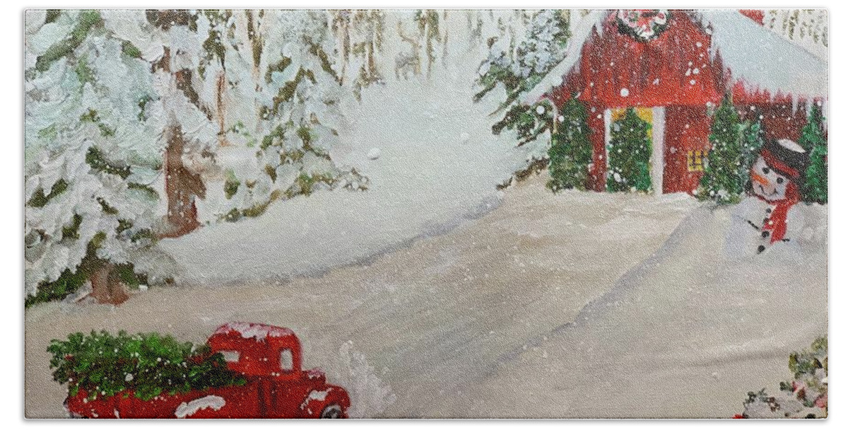 Red Truck Beach Towel featuring the painting Christmas at the Tree Barn by Juliette Becker