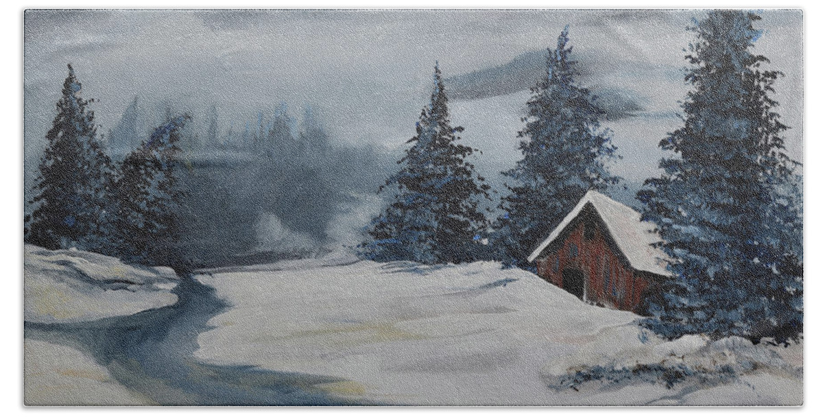 Christmas Cards Beach Towel featuring the painting Christmas Cards - Winter Solitude - Snowy Cabin by Jan Dappen