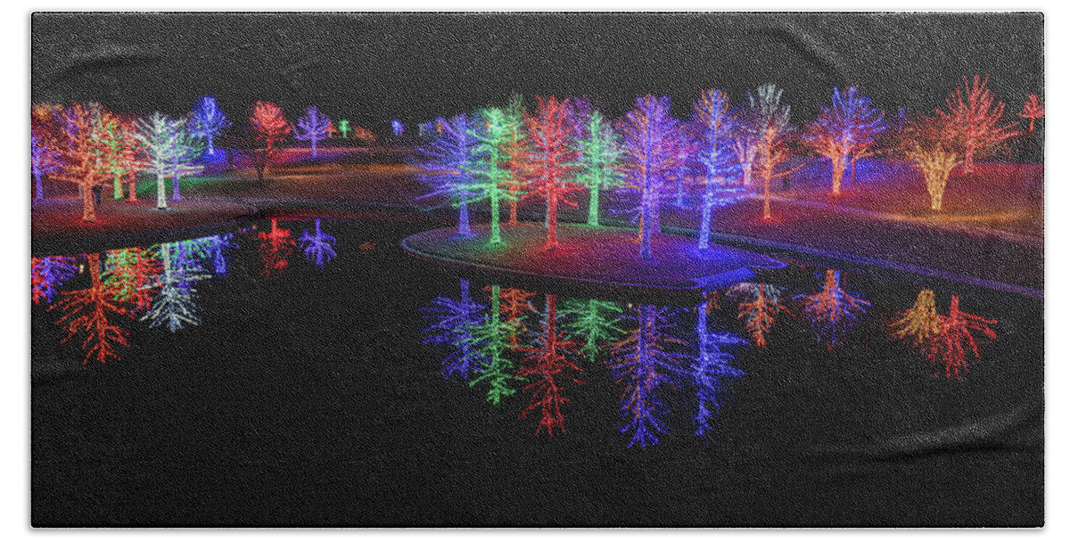 Christmas Lights Beach Towel featuring the photograph Christmas Forest Reflection by Ron Long Ltd Photography