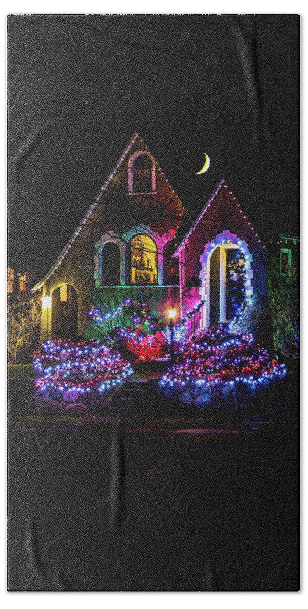 Alex Lyubar Beach Towel featuring the photograph Christmas house on a moonlit night by Alex Lyubar