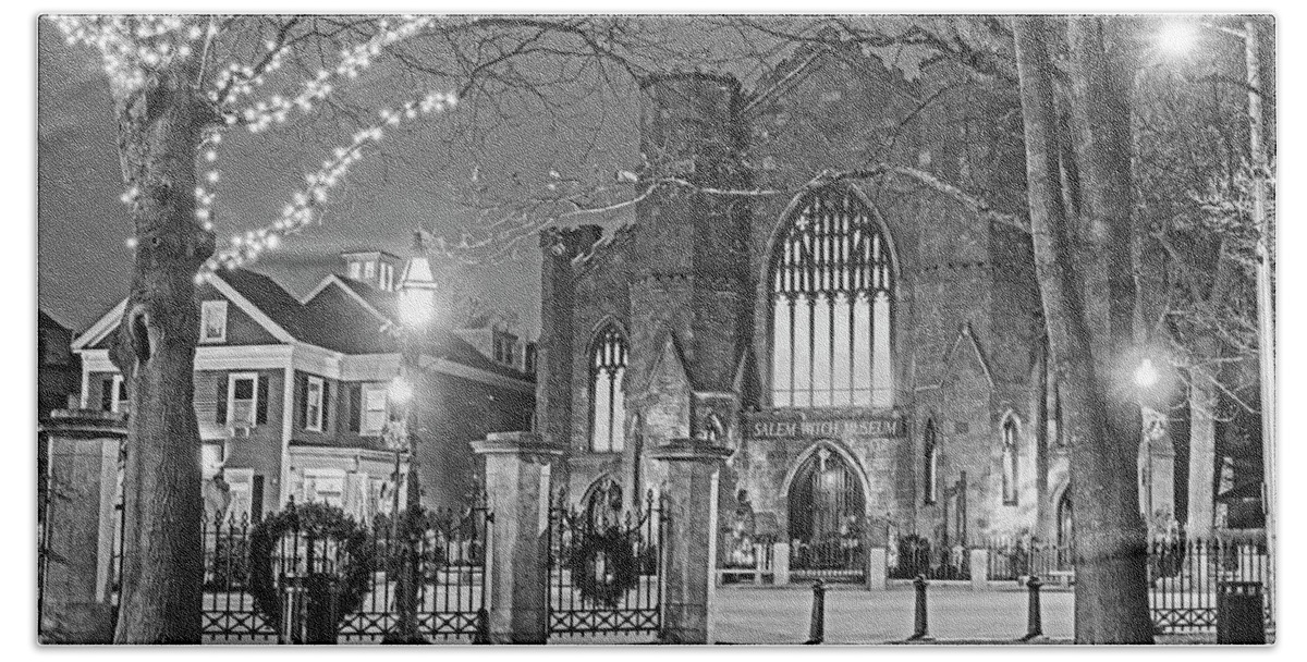 Salem Beach Towel featuring the photograph Christmas in Salem MA Washington Park Salem Witch Museum Black and White by Toby McGuire