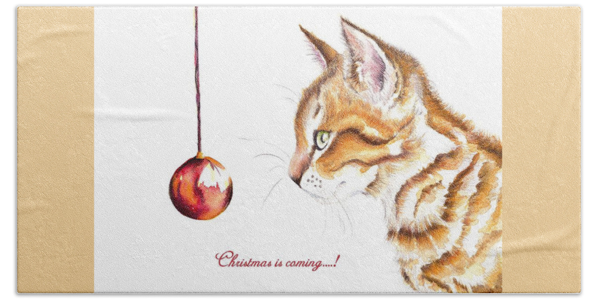 Cats Beach Towel featuring the painting Tabby Cat and Bauble - Christmas IS Coming 1 by Debra Hall