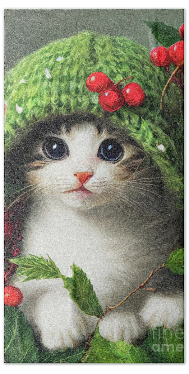 Christmas Beach Sheet featuring the painting Christmas Kitten by Tina LeCour