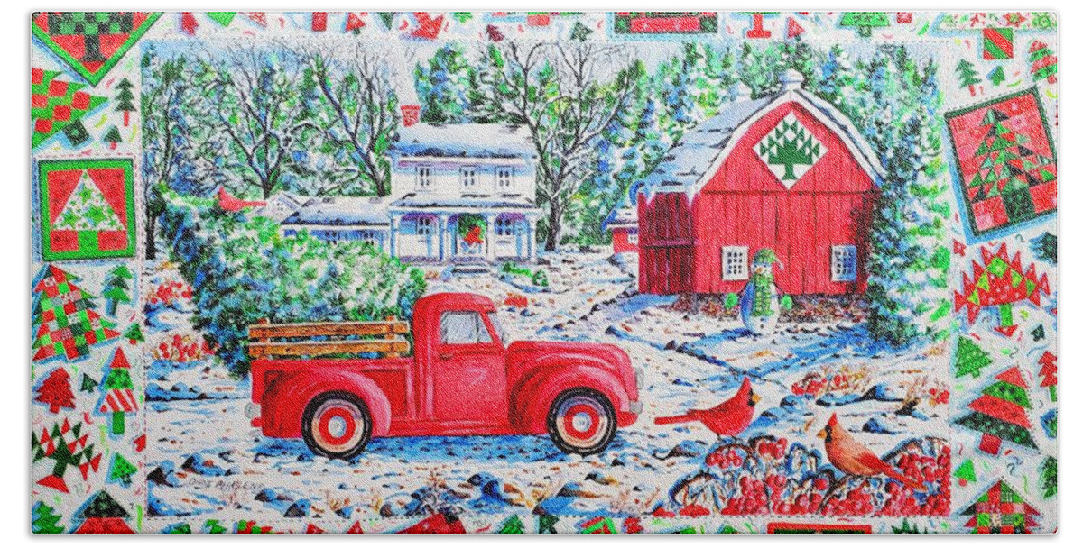 Christmas Beach Towel featuring the painting Christmas Red Truck by Diane Phalen