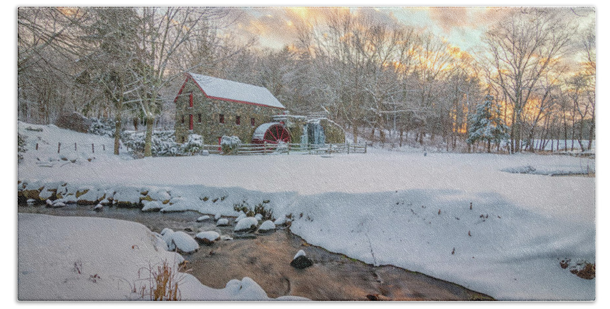 Grist Mill Beach Towel featuring the photograph Christmas Snow at the Grist Mill by Kristen Wilkinson