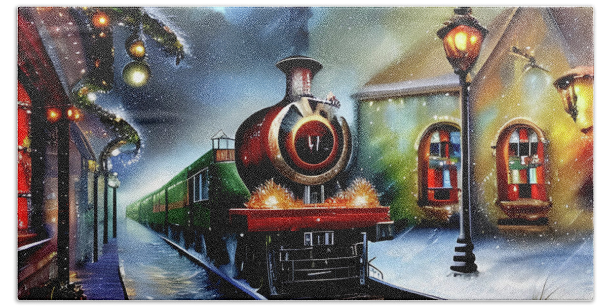 Digital Christmas Train Greeting Card Beach Towel featuring the digital art Christmas Train Greeting Card by Beverly Read