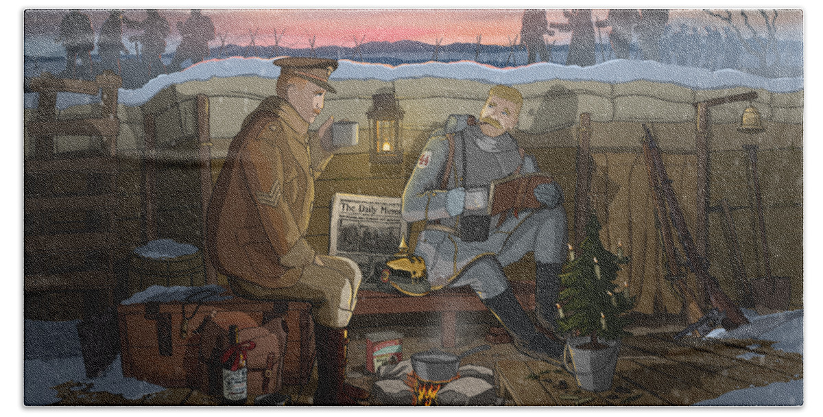 Christmas Beach Towel featuring the digital art Christmas Truce of 1914 by Emerson Design