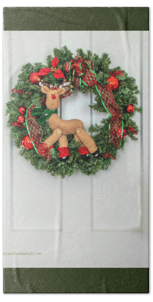 Christmas Beach Towel featuring the photograph Christmas Wreath with Reindeer by LeeAnn McLaneGoetz McLaneGoetzStudioLLCcom