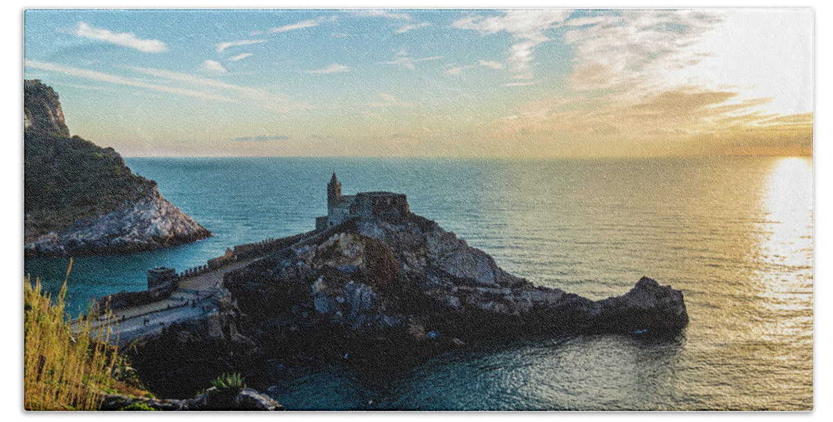 Cinque Terre Beach Towel featuring the photograph Church of St. Peter at sunset in Porto Venere by Fabiano Di Paolo
