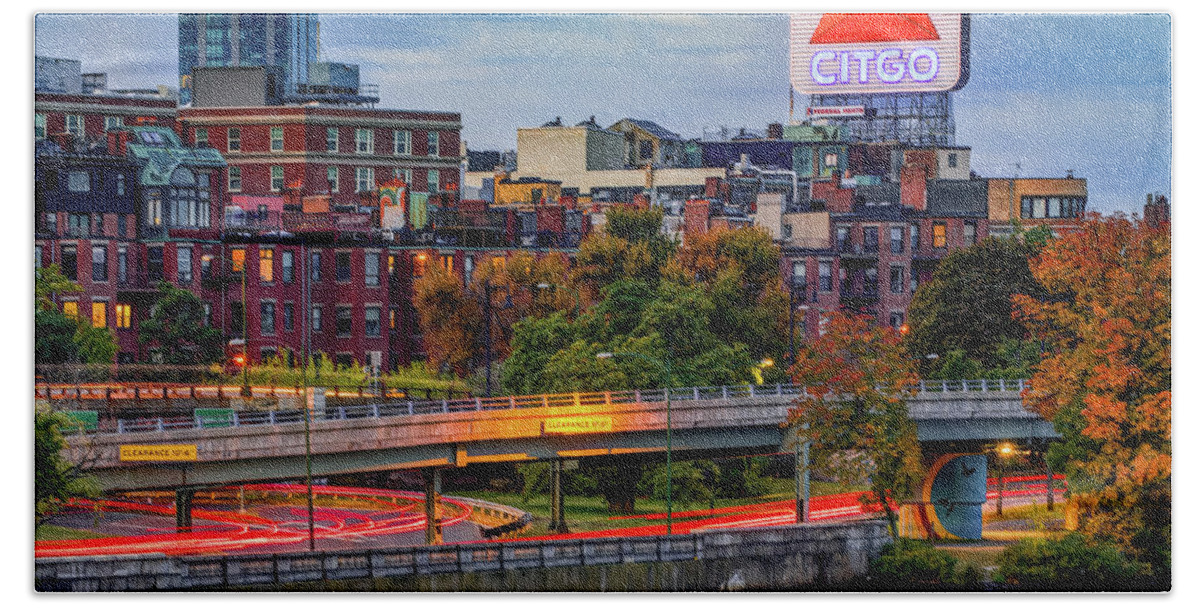 Citgo Sign Beach Towel featuring the photograph Citgo Sign Over Kenmore Square and Charles River by Gregory Ballos