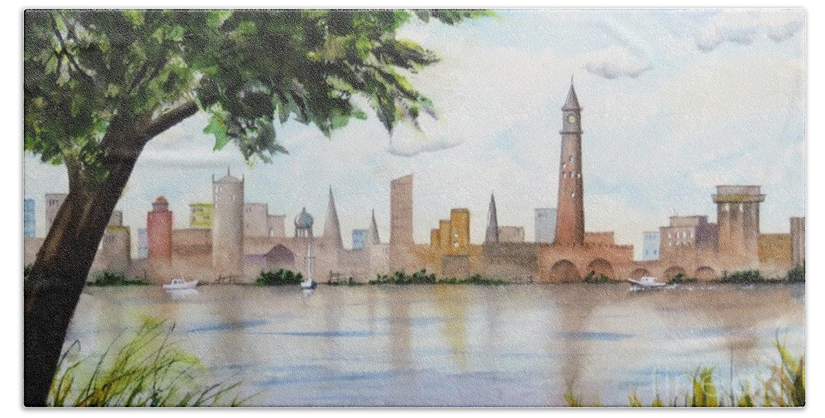 City Beach Towel featuring the painting City Across the River by Joseph Burger