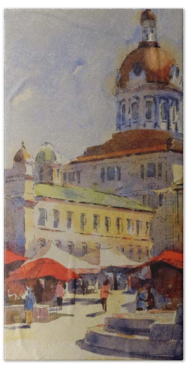 Summer Beach Towel featuring the painting City Hall with Red Tents by David Gilmore