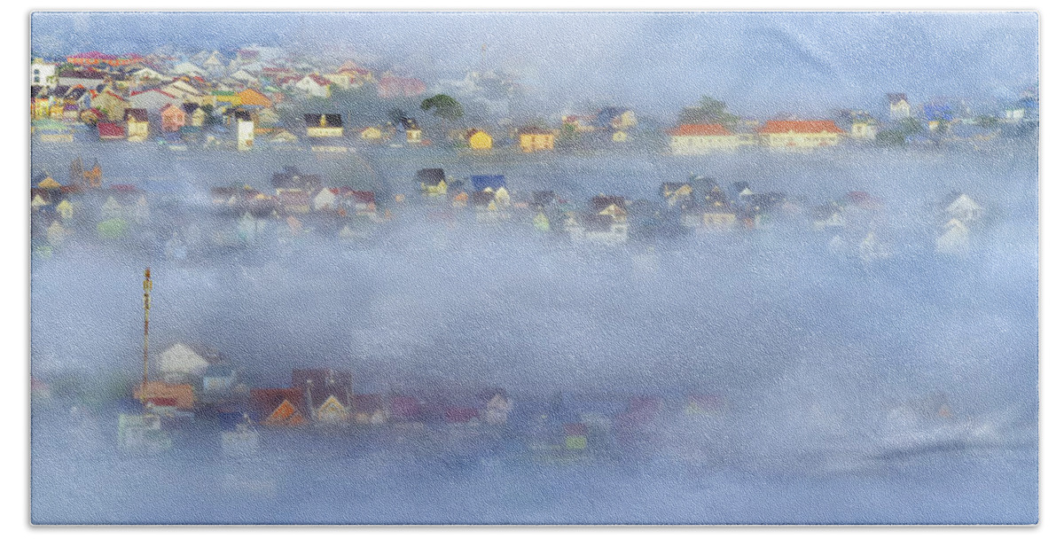 Awesome Beach Towel featuring the photograph City in the fog by Khanh Bui Phu