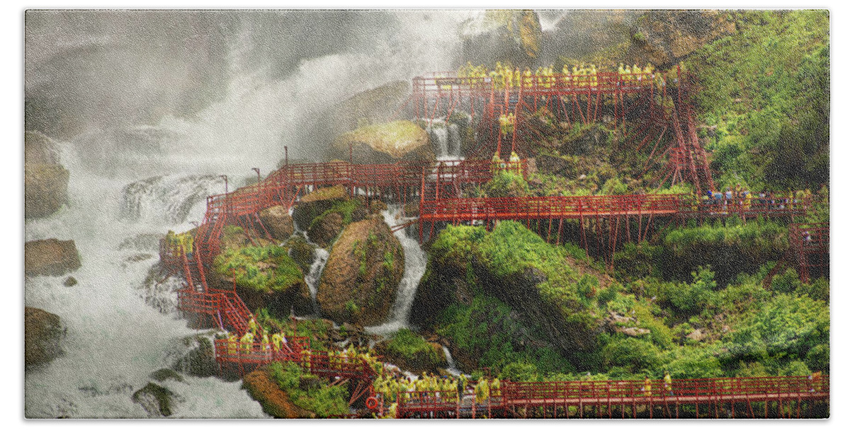 Hurricane Deck Beach Towel featuring the photograph City - Niagara Falls NY - Cave of the winds tour by Mike Savad