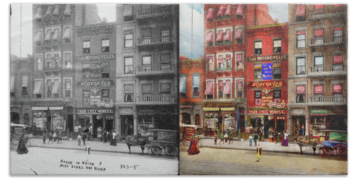New York Beach Towel featuring the photograph City - NY - Where the murder took place 1909 - Side by Side by Mike Savad