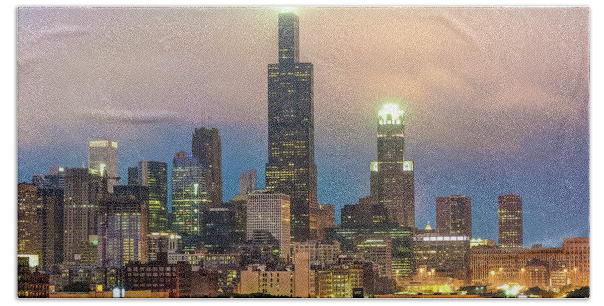 Chicago Prints Beach Towel featuring the photograph City of Chicago Skyline at Night by Gregory Ballos