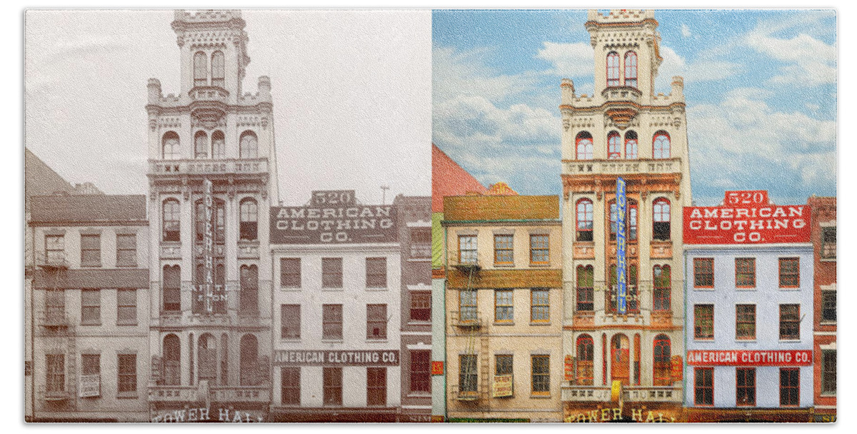 Philadelphia Beach Towel featuring the photograph City - Philadelphia, PA - Bennett's Tower Hall Clothing Bazaar 1898 - Side by Side by Mike Savad