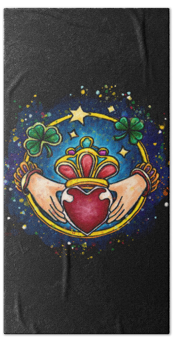 Claddagh Beach Towel featuring the painting Claddagh ring on black background, Ireland engagement ring by Nadia CHEVREL