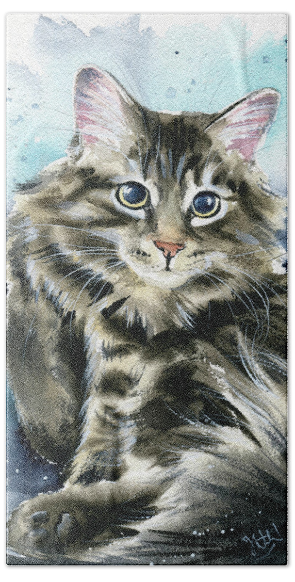 Cats Beach Towel featuring the painting Clancy Fluffy Cat Painting by Dora Hathazi Mendes