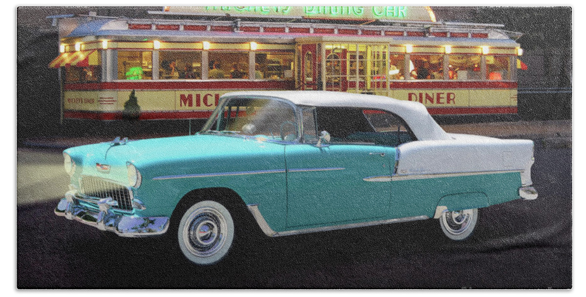 1955 Beach Towel featuring the photograph Classic '55 Chevy Convertible At Mickey's Diner by Ron Long