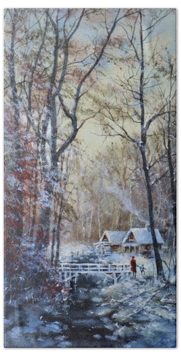 Currier And Ives Beach Towel featuring the painting Classic Snow Scene by Tom Shropshire