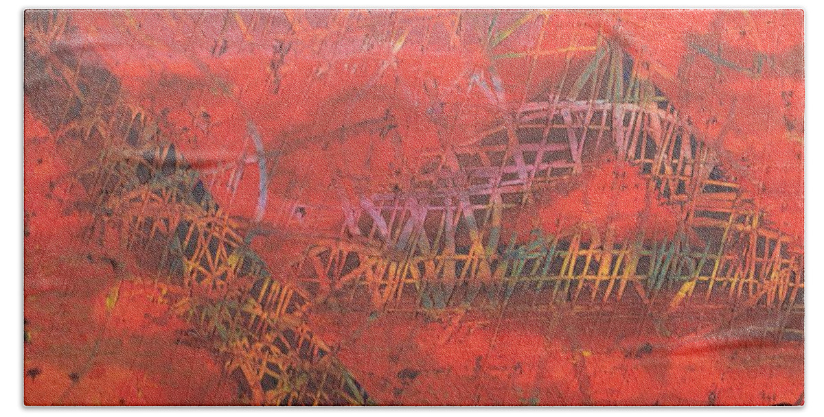 Red Beach Towel featuring the painting Clawing through the Process by Esoteric Gardens KN