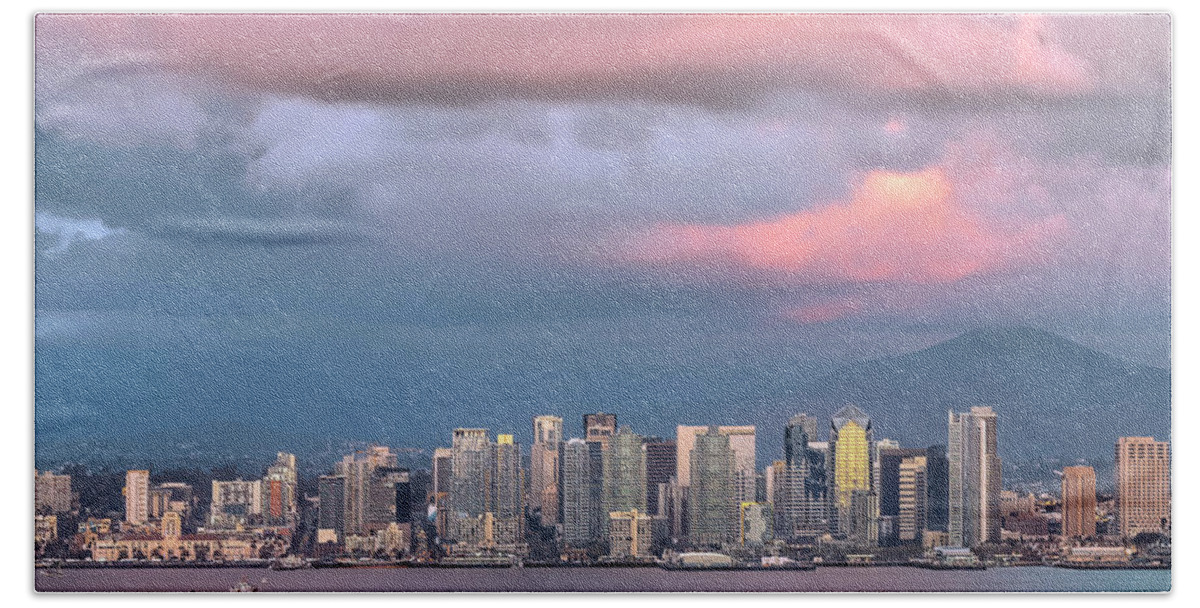 San Diego Sunset Storm Pink Beach Towel featuring the photograph Clearing Storm by Dan McGeorge