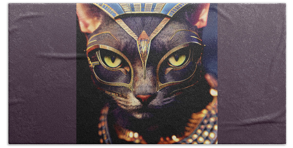 Warriors Beach Towel featuring the digital art Cleocatra the Egyptian Cat Warrior by Peggy Collins