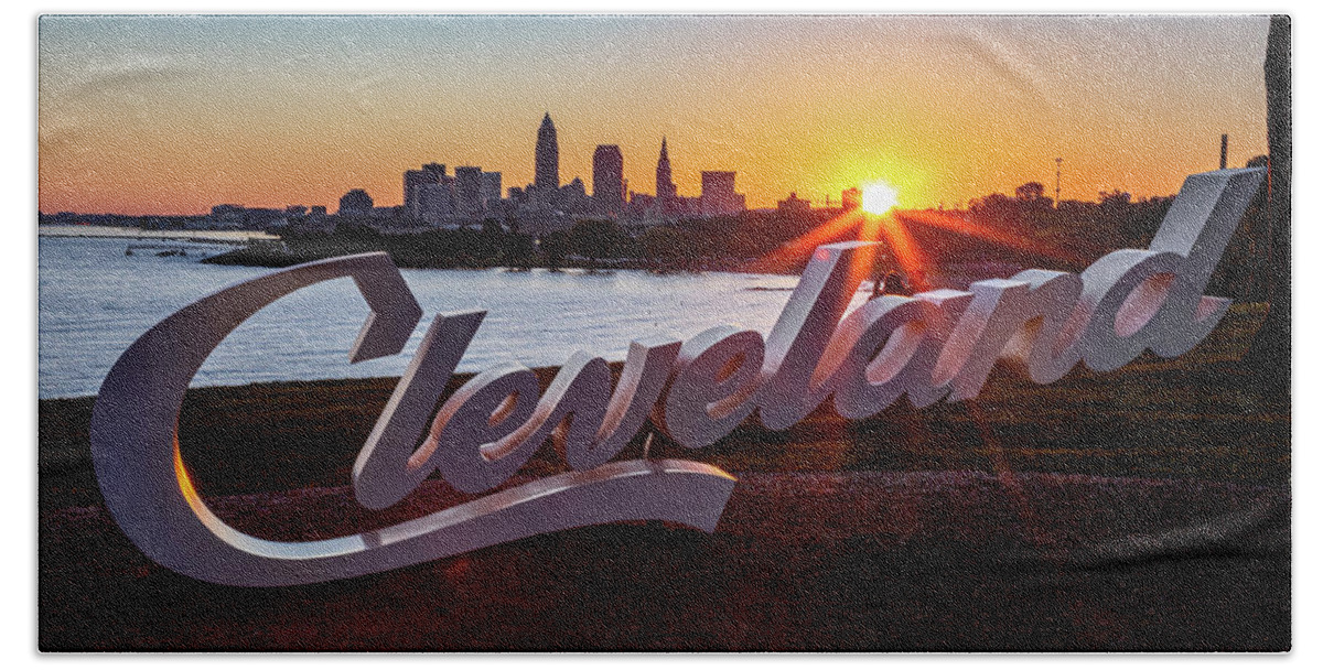 Cleveland Edgewater Script Sign Beach Towel featuring the photograph Cleveland Edgewater Script by Dale Kincaid