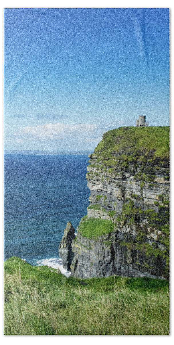 Cliffs Of Moher Beach Towel featuring the photograph Cliffs of Moher Castle Ireland by Lisa Blake