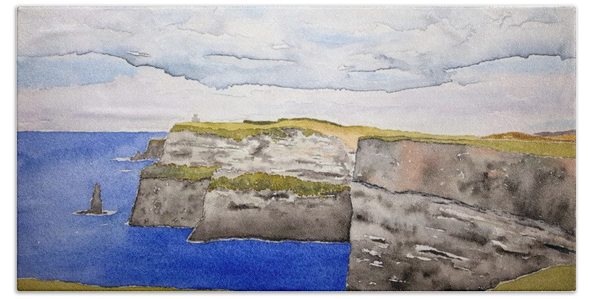 Watercolor Beach Towel featuring the painting Cliffs of Moher by John Klobucher