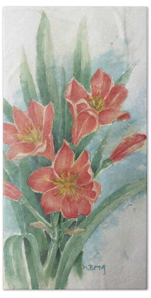 Clivia Beach Towel featuring the painting Clivia by Milly Tseng