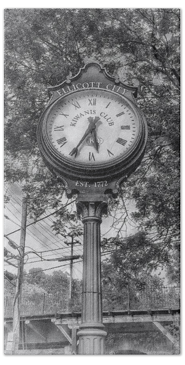 Clock Beach Towel featuring the photograph Clock in Historic Ellicott City, MD - Black and White by Marianna Mills