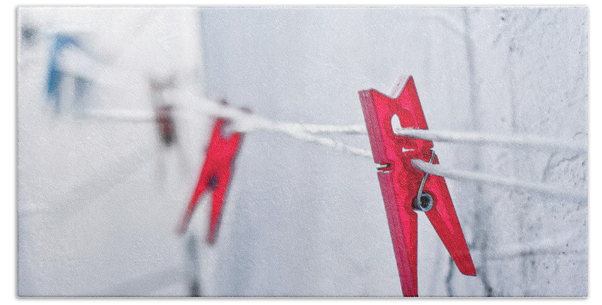 Clothes Line Mykonos Greece Red Clothespin Beach Towel featuring the photograph Clothesline in Mykonos, Greece by David Morehead