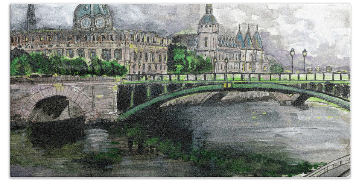 Paris Ink Painting Beach Towel featuring the painting Cloudy Day in Paris by Eileen Backman