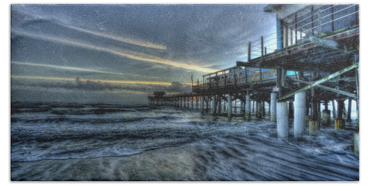 Beach Beach Towel featuring the pyrography Cocoa Beach Pier at Sunrise by Carolyn Hutchins