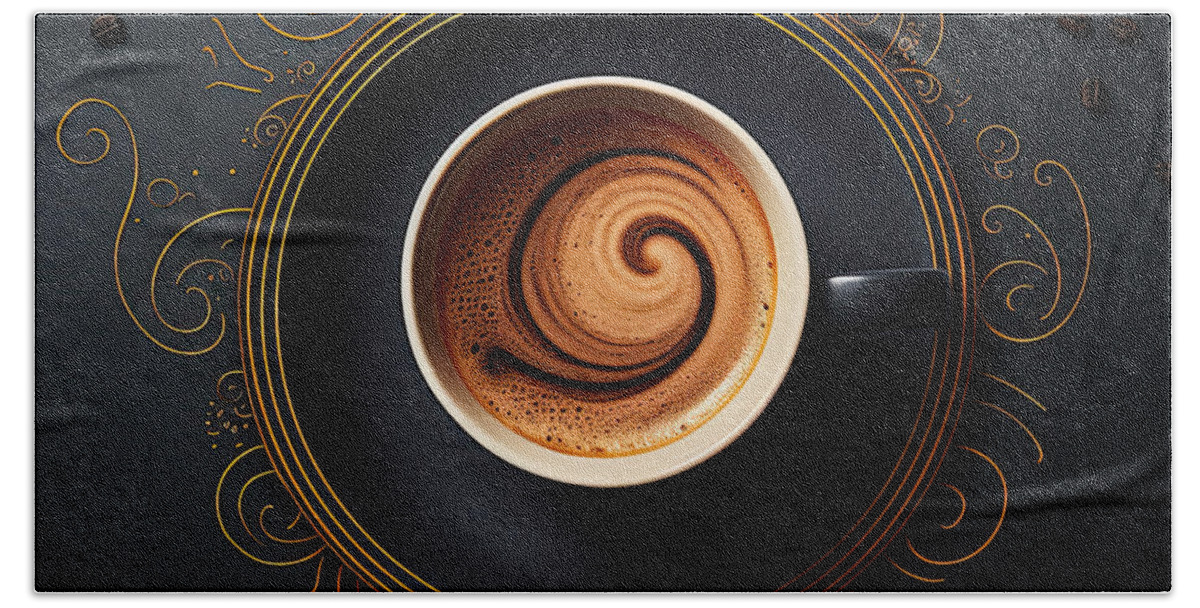 Modern Coffee Art Beach Towel featuring the painting Coffee Art for the Modern Age - Elegant Black Kitchen Art by Lourry Legarde